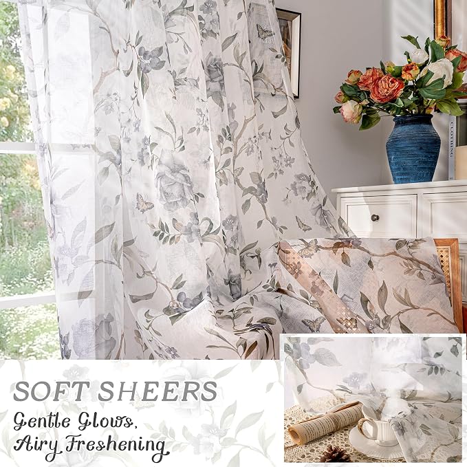 Sheer Curtains 54 Inch Length 2 Panels Set, Floral Patterned Linen Look - Image 6