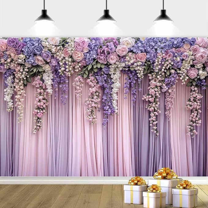 8x6ft Purple Flower Wedding Photography Backdrop Lavender Floral Wedding Bridal Photography Backdrop Anniversary Birthday Baby Shower Girl Party Banner Photo Booth Props Background Wall Decor