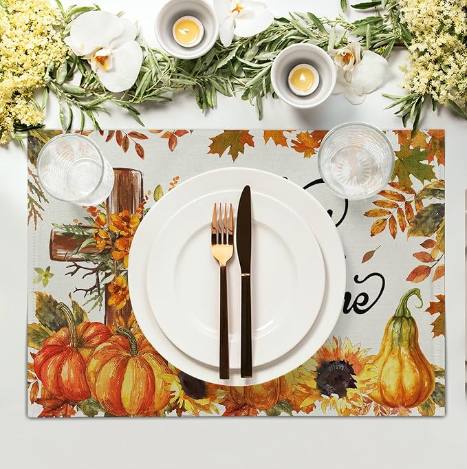 Fall Cross Pumpkin Placemats Set of 4 Autumn Thanksgiving Harvest Sunflower - Image 3