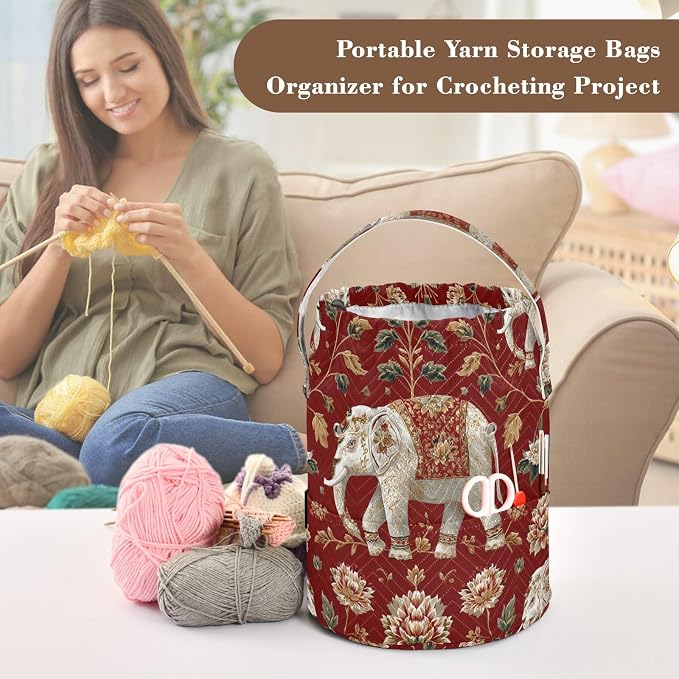 Red Floral Retro Elephants Yarn Bag Small Crochet Bag Drawstring Yarn Storage - Image 4