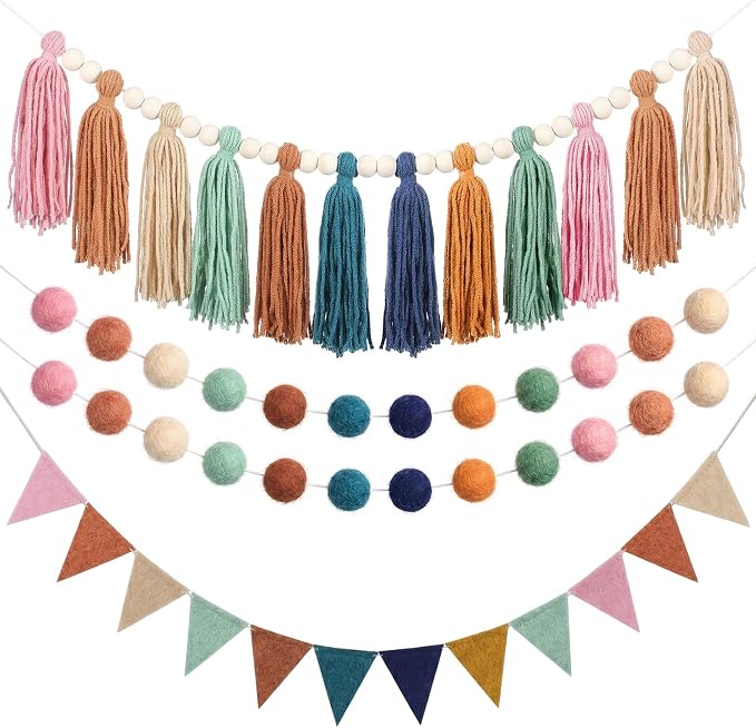 4 Pcs Boho Tassel Garland, 33 Inch Rainbow Pompom Party Decor, Classic | Boho by Zeyune