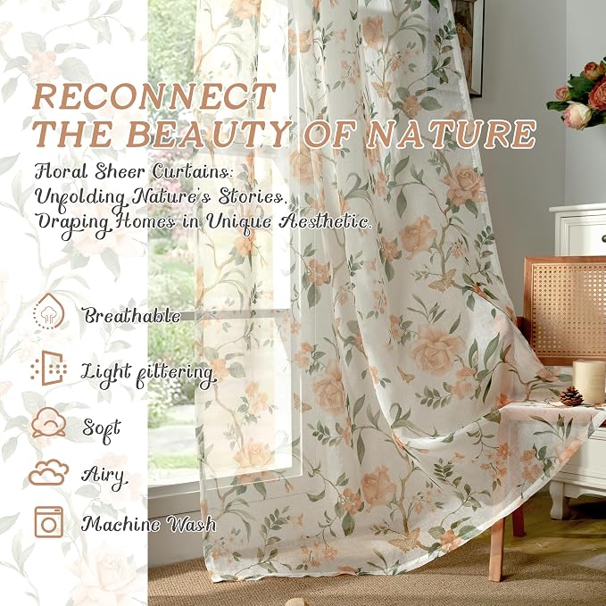Floral Sheer Curtains for Living Room Window, Farmhouse Light Filtering Privacy - Image 2