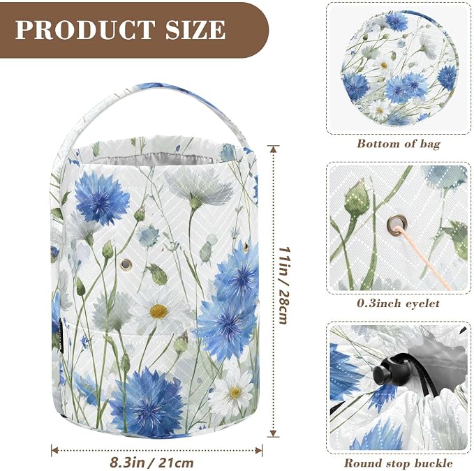 White Blue Cornflowers Daisy Flower Watercolor Yarn Bag Small Crochet Bag - Image 3