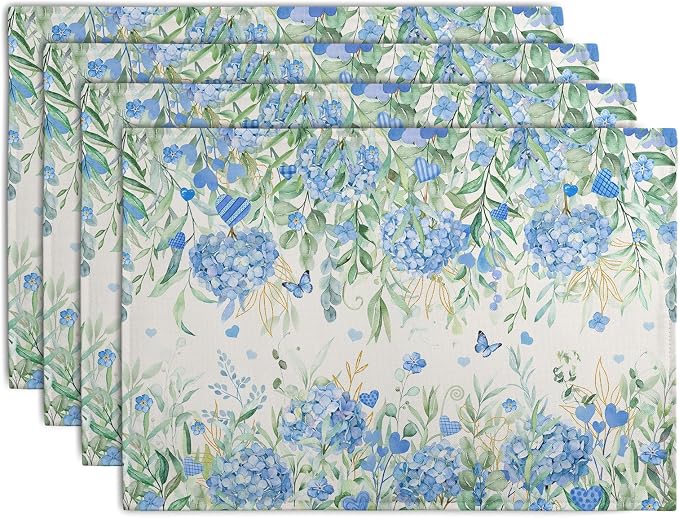 Hydrangea Spring Summer Placemats Set of 4 Sage Green Eucalyptus Leaves Blue by Wnoesat