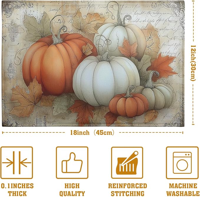 Fall Pumpkin Placemats Set of 4 Vintage Autumn Maple Leaf Seasonal Place Mats - Image 4