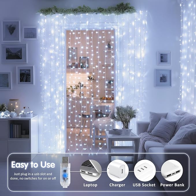 JMEXSUSS 200 LED White Curtain Lights, USB Powered, 6.5ft x 6.5ft | White - Image 5