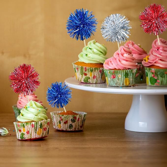 Gyufise 30Pcs Foil Firework Cupcake Toppers Sparkle Tinsel Cake Toppers Tinsel - Image 5