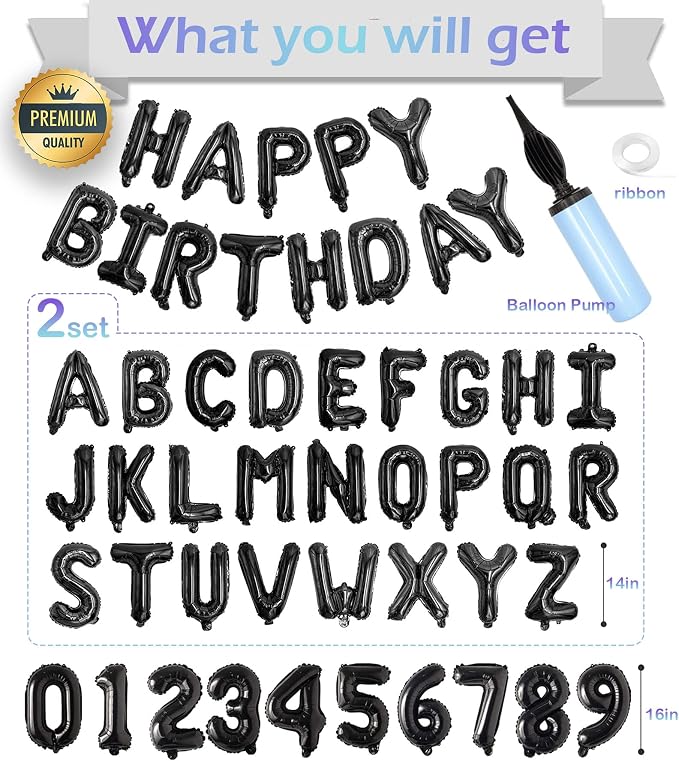 Black Happy Birthday Balloon Banner Set -16" Foil Letters Balloons | 76pcs - Image 2