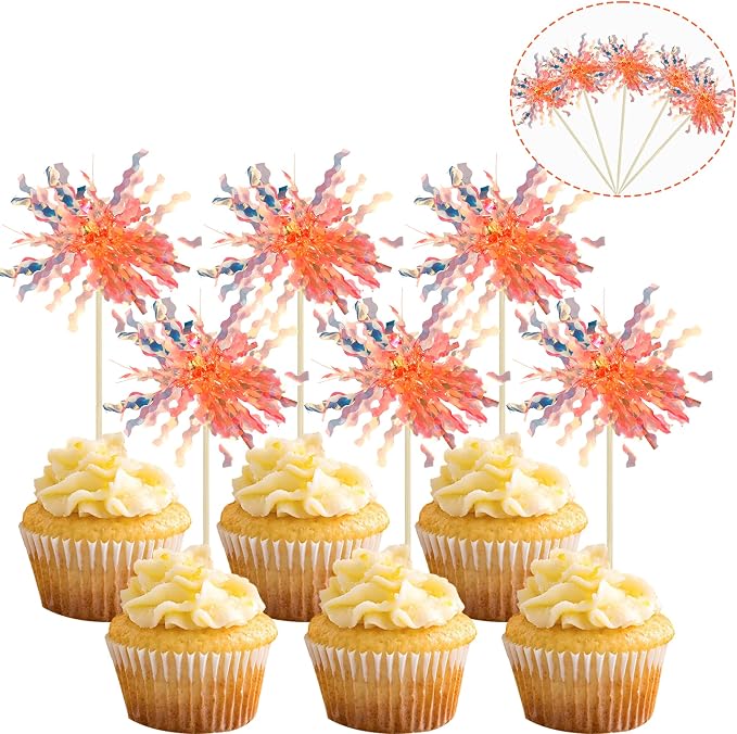 Gyufise 30Pcs Foil Firework Cupcake Toppers Sparkle Tinsel Cake Toppers Tinsel by Gyufise