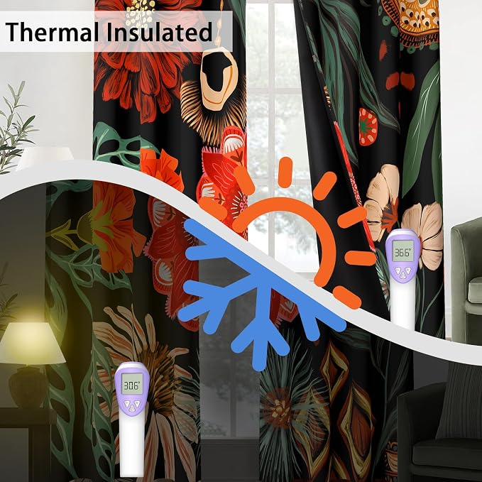 Tyrot 100% Blackout Black Boho Floral Curtains 45 Inch Long 2 Panels Mid - Image 4