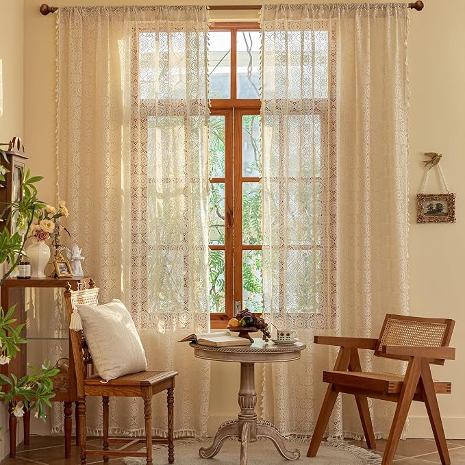 YJ YANJUN Boho Lace Curtains 96 inches Long 2 Panels- Vintage Floral Crochet - Image 2
