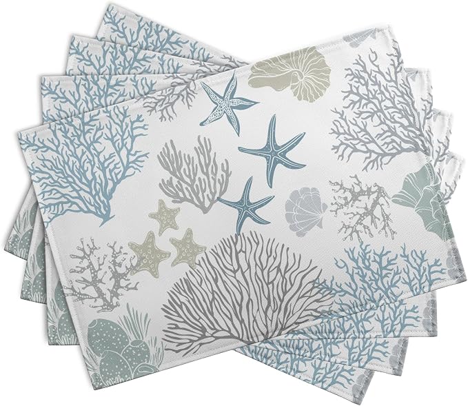 Summer Linen Placemats Set of 4 Nautical Coastal Theme Washable Non-Slip Heat - Image 2