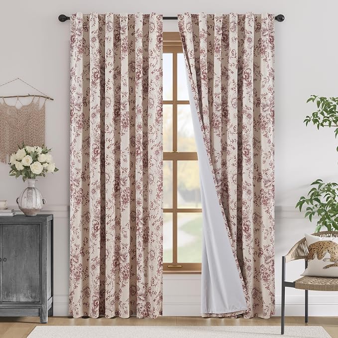 jinchan Red Floral Linen Blackout Curtains Lined 90 Inch Back Tab 2 Panels | by JINCHAN