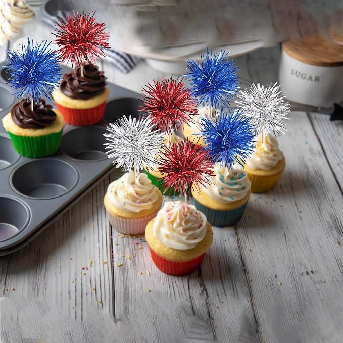 30 PCS Foil Firework Cupcake Toppers Sparkle Tinsel Cupcakae Picks 4th of July - Image 6
