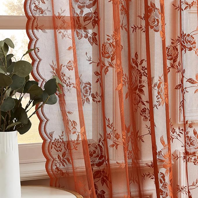 Terracotta Lace Curtains 80 Inches Long Country Rustic Floral Sheer Curtains by SEEKRIGHTHomeDecor