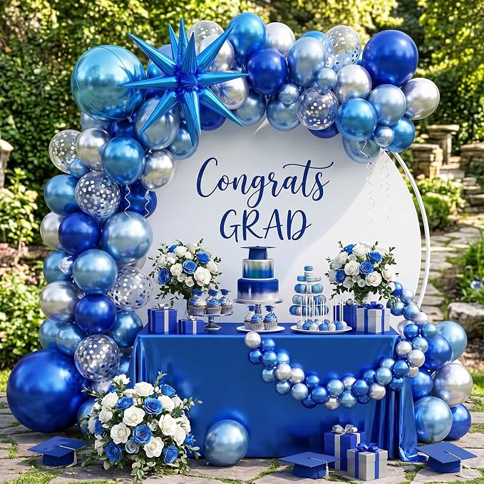 Blue and Silver Balloons, 12 Inch Navy Blue Metallic Silver Confetti Balloon - Image 4