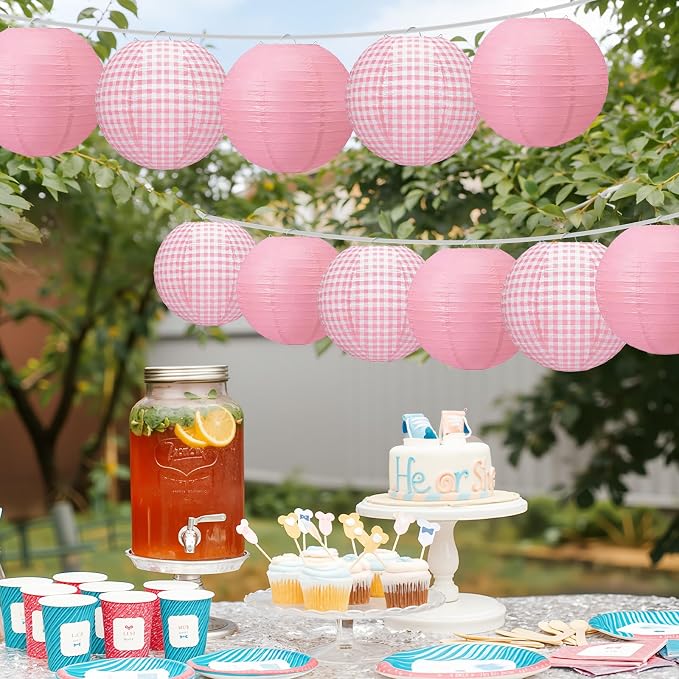 Honoson 12 Pcs Pink Gingham Paper Lanterns Decoration10 Inch White and Pink - Image 6