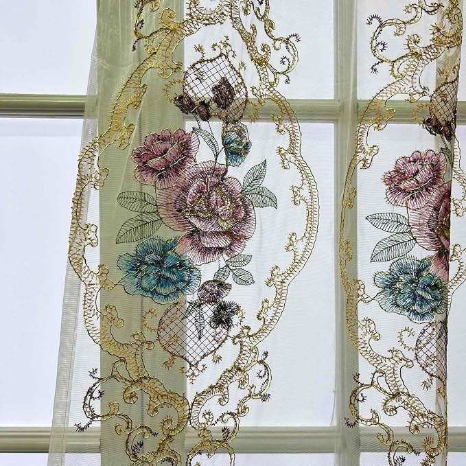 1 Panel Embroidered Floral Voile Sheer Window Curtain Rod Pocket Top | - Image 7