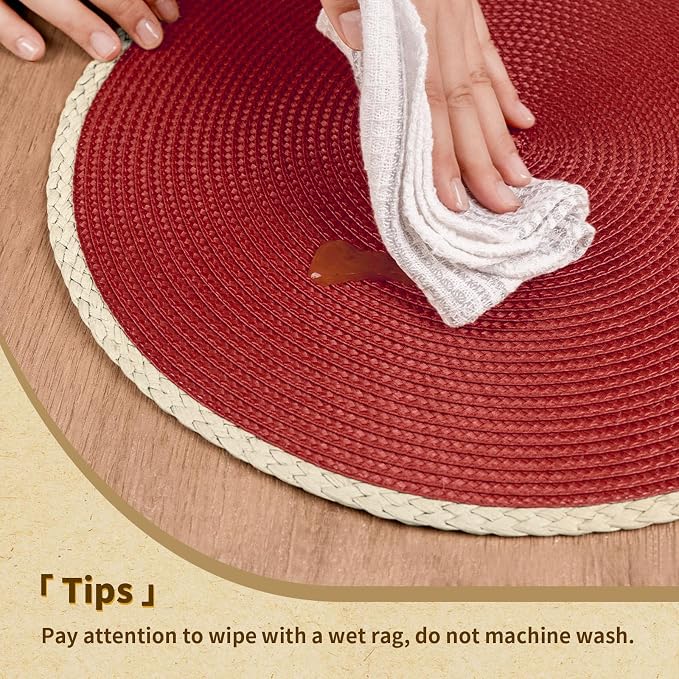Round Placemats Set of 8, Woven Table Mats, Thin Edge, New Red | Braided Paper - Image 4