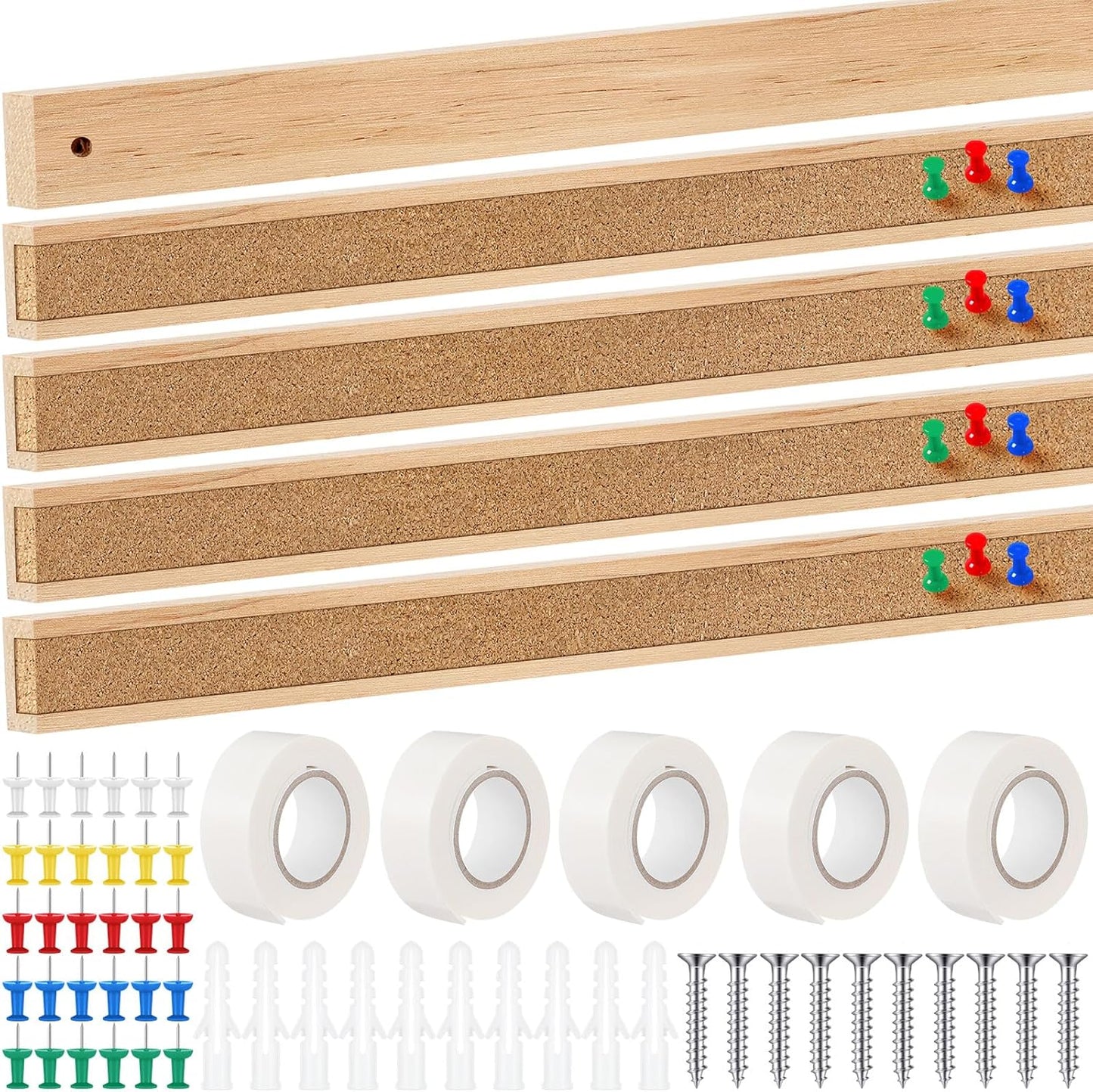 5 Pcs 48" x 1" Cork Strips Bulletin Bar Strips for Wall Bulletin Board Aluminum Trim Brown Cork Boards with Accessories for Paste Notes Photos Classroom Office Holiday Decor