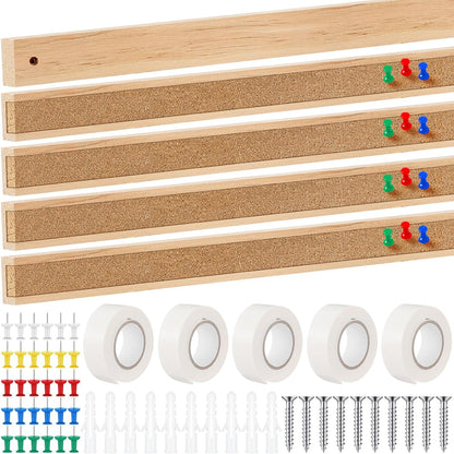 5 Pcs 48" x 1" Cork Strips Bulletin Bar Strips for Wall Bulletin Board Aluminum Trim Brown Cork Boards with Accessories for Paste Notes Photos Classroom Office Holiday Decor