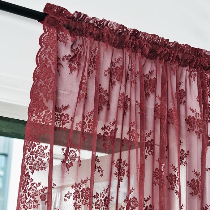 Kotile Burgundy Lace Curtains for Living Room Floral 52 x 80 Inch 2 Panels | - Image 3