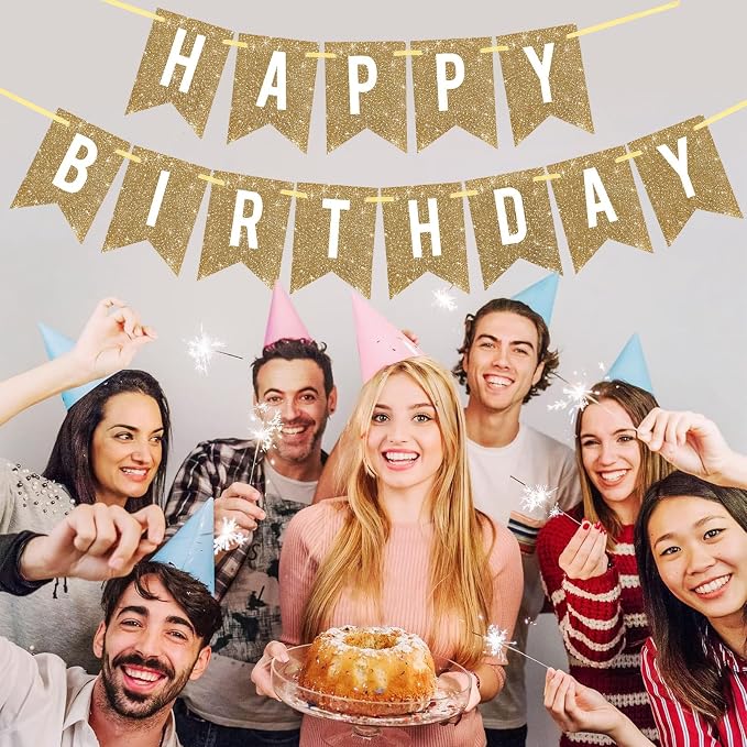 Netnology Pre-Strung Gold Glitter Happy Birthday Banner Decorations | 12 ft No - Image 7