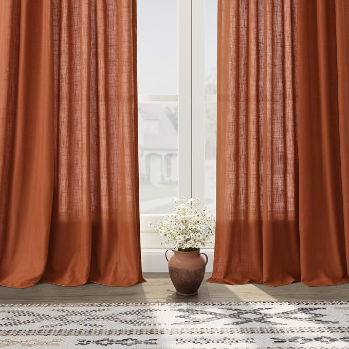 Terracotta Linen Blend Semi Sheer Curtains 86 Inches Long 2 Panel Set Pocket - Image 7