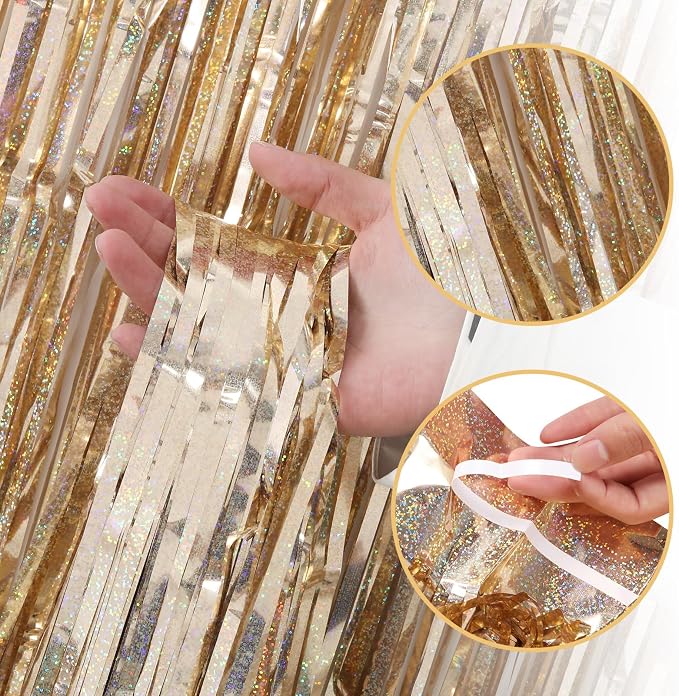 10 Pack Sparkle Champagne Foil Curtain Backdrop 3.2ft x 9.8ft Metallic Tinsel - Image 4
