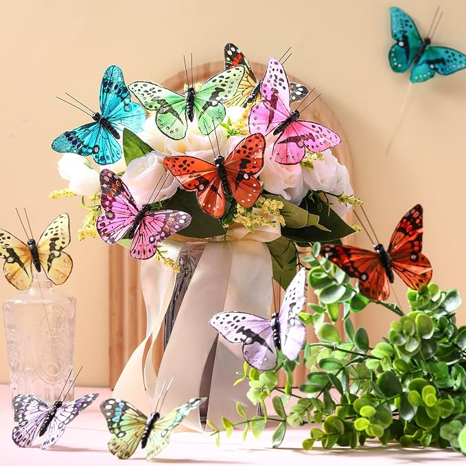 Ysleen 12 Set Monarch Butterfly Decoration Artificial Butterflies Feather Picks - Image 3