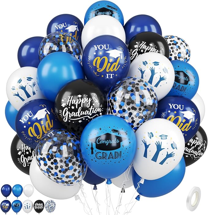 Blue Black White Graduation Balloons, 12 Inch Dark Navy Blue Black Confetti by Paready