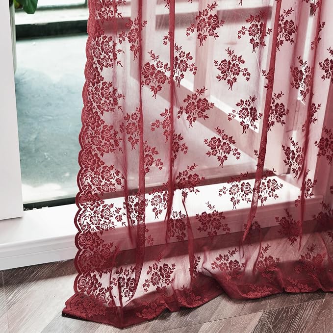Kotile Burgundy Sheer Lace Curtains - Image 7