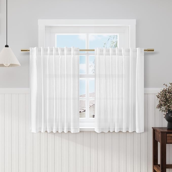 White Cafe Curtains 48 Inch Length Set 2 Panel Back Tab Pocket Semi Sheer Short by Nanspring