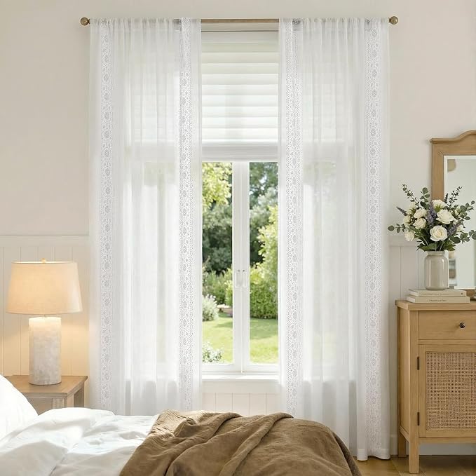 jinchan Floral Sheer Linen Curtains, Back Tab 50x96 Inch, 2 Panels White | Semi - Image 4