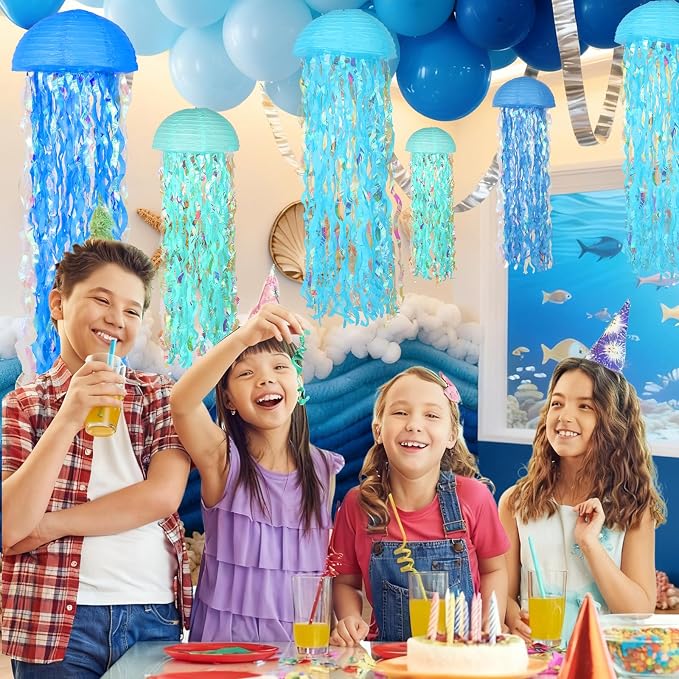 Set of 6 Blue Hanging Jellyfish Paper Lanterns 10'' - Image 2