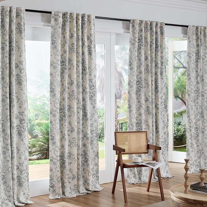 jinchan Grey Floral Linen Blackout Curtains Lined 96 Inch Back Tab 2 Panels | - Image 7