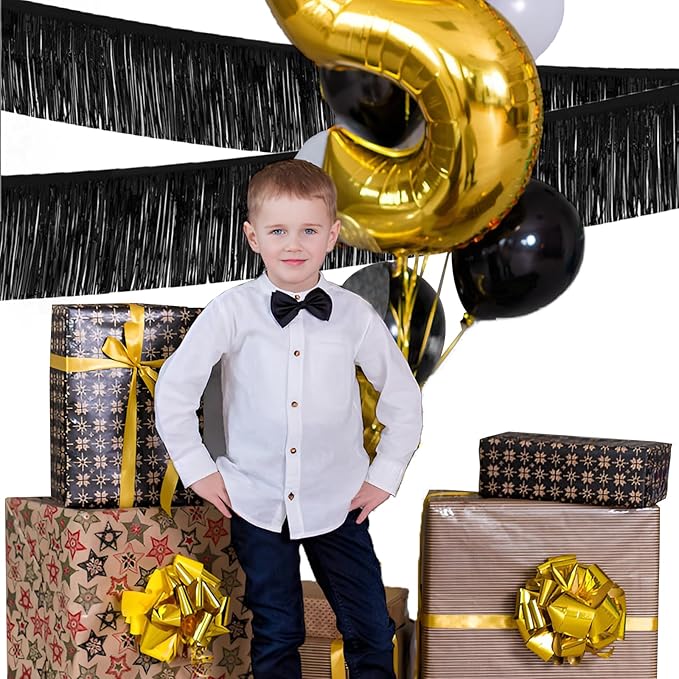 Black Foil Fringe Garland 10FT 6packs, Metallic Foil Tinsel Fringe Banners for Parade Float Decorations Wedding, Birthday Party Graduation (six Black)