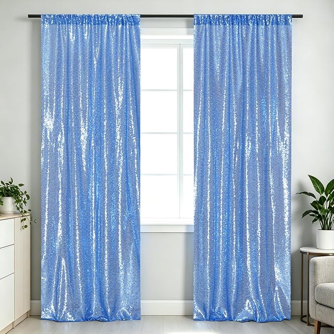 Eternal Beauty Baby Blue Sequin Backdrop Curtains, 2 Panels 2x8FT | 3mm Sparkle - Image 2
