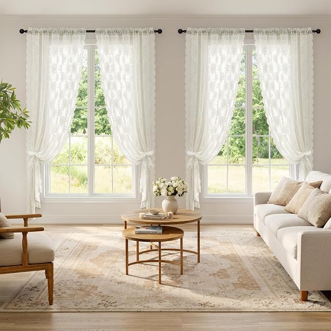 MIULEE Vintage Floral Scalloped Lace Curtains 2 Panels, Ivory 52" W x 72" L | - Image 2