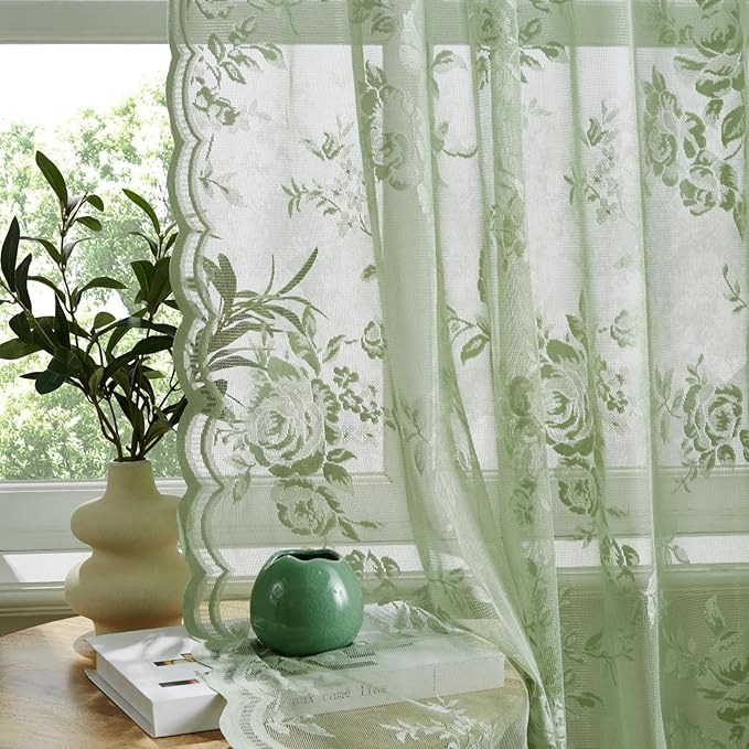 Sage Green Lace Curtains 63 Inch Length 2 Panels Set Country Rustic Floral Lace by SEEKRIGHTHomeDecor