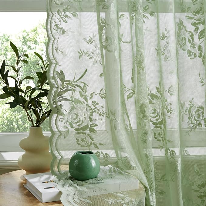 Sage Green Lace Curtains 96 Inches Long Spring Country Floral Sheer Curtains - Image 4