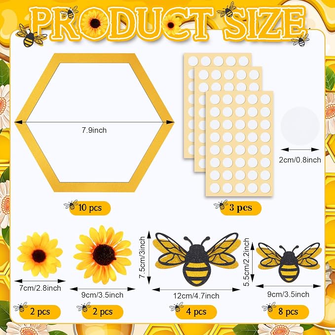 Yousoontic 26 Pcs Honeycomb Decorations Include 7.9'' Wooden Hexagon 3D Bee - Image 2