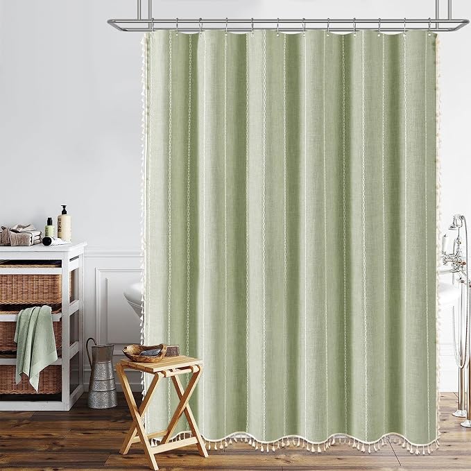 72x78 Long Boho Farmhouse Linen Heavy Duty Shower Curtain, Sage Green | Tall - Image 6