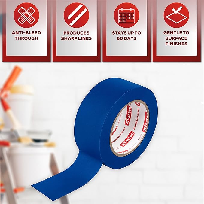 XFasten Professional Blue Painters Tape, Sharp Edge Line Technology, 2" by 60 Yards (Single Pack) - Produces Sharp Lines and Residue-Free Artisan Grade Clean Release Wall Trim Tape