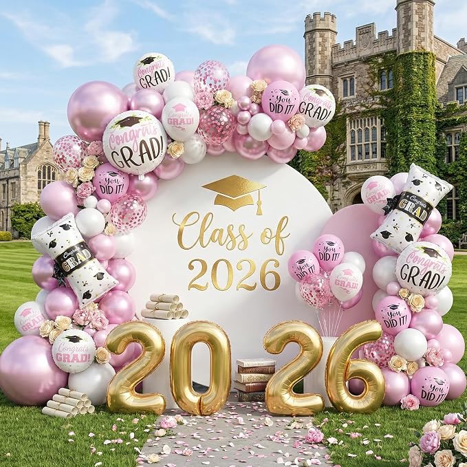 Pink Graduation Balloons, Grad Round Foil Balloons, Metallic Confetti Pink - Image 7
