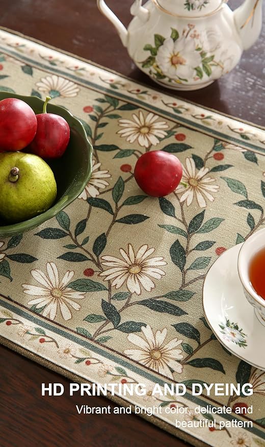 ISAENNE Designer Green Elegant Linen Table Runner 102 Inches Long,Flower and Leaves Pattern Wrinkle Resistant Table Runners for Dining Tables,Thanksgiving,Kitchen Tables,Christmas,12"*102"-Brune