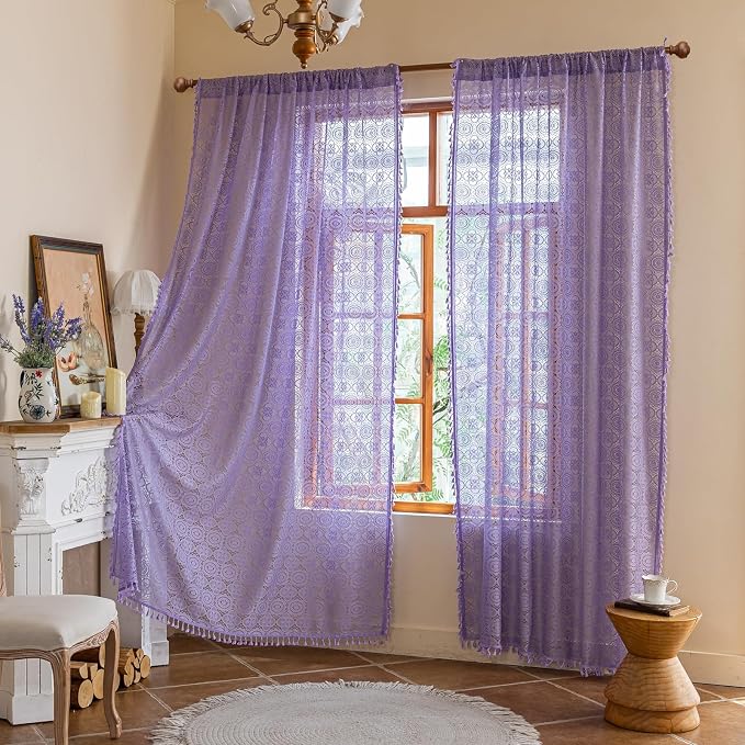 YJ YANJUN Boho Lace Curtains, Light Purple Sheer Panels, 59x84 inch, Pair | - Image 2