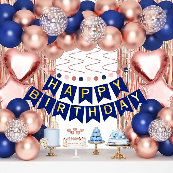 Navy Blue Rose Gold Happy Birthday Decorations Kit, Rose Gold Balloons Birthday by HGH