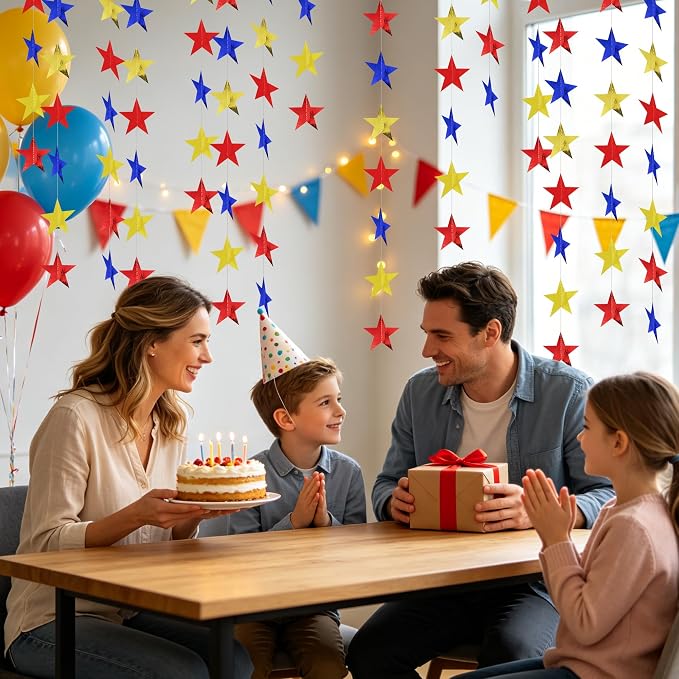 BEISHIDA 6Pcs Blue Gold and Red Star Garland Decor Twinkle Paper Star Banner - Image 5