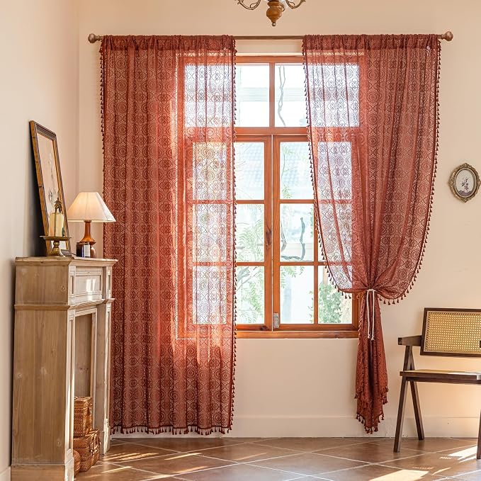YJ YANJUN Boho Lace Sheer Curtains, Burnt Orange Terracotta, 59x72 inches | 2 - Image 3